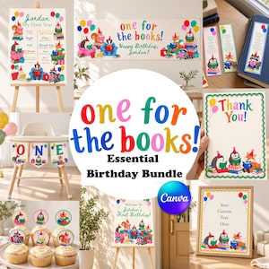 May include: A birthday party decoration bundle featuring woodland animals reading books. Includes a milestone sign, banner, bookmarks, high chair bunting, cupcake toppers, and thank you cards with colorful text and illustrations.