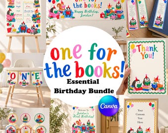 Kit per il primo compleanno "One for the Books", decorazioni a tema animali del bosco, invito modificabile su Canva, pannello per le tappe fondamentali e striscione fotografico.