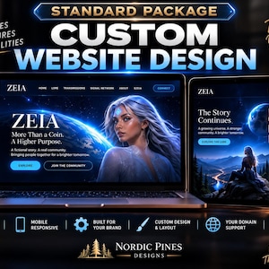 Op de afbeelding: Een op maat gemaakt websiteontwerp-pakket getoond op een laptop, tablet en smartphone. De schermen tonen het merk Zeia met blauwe ruimte-thema graphics, tekst en menu's. De lay-out bevat iconen voor multi-page, mobiel responsieve en SEO-functies, met het Nordic Pines Designs logo onderaan.