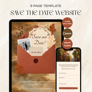 May include: A 3-page Save the Date website template displayed on a tablet and smartphone. The design features a rust-colored envelope, autumn leaves, a polaroid photo, and text reading Save our Date, 26.09.2026, and The Willow Estate, North Carolina.