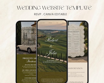 Könnte beinhalten: Eine digitale Hochzeits-Website-Vorlage auf drei Smartphones, mit bearbeitbaren Canva-Layouts, eleganter Typografie, RSVP-Bereichen sowie Bildern einer Landschaft, eines Oldtimers und eines wellenförmigen Hochzeitsprogramms.