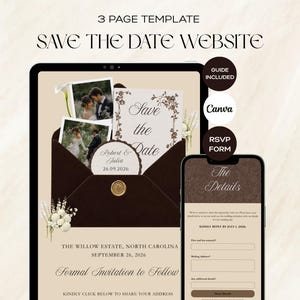 Könnte beinhalten: Eine 3-seitige digitale Save the Date Website-Vorlage auf einem Tablet und Smartphone. Das Design zeigt einen dunkelbraunen Umschlag, florale Akzente und Text wie Save the Date, Robert & Julia, 26.09.2026 und The Details mit einem RSVP-Formular.