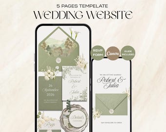 Sage Green & Ivory Floral Wedding Website Template with RSVP, Canva Wditable Design (Digital Download)