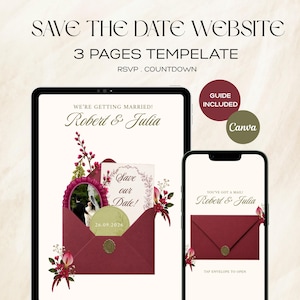 Modello di sito web per "Save the Date" di matrimonio con tema botanico lampone e verde, invito digitale Canva con modulo RSVP/dettagli (download digitale)