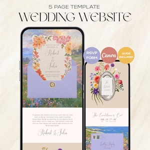 May include: A 5-page wedding website template displayed on two smartphones. The screens show floral-themed invitations, RSVP forms, and countdown timers with text including "Robert & Julia" and "The Countdown is On" against a landscape background.