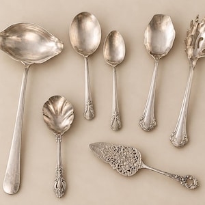 May include: A collection of six silver-toned serving utensils including a large ladle, a shell-shaped spoon, two plain spoons of varying sizes, a wide serving spoon, a slotted serving fork, and a decorative cake server with floral cutouts.