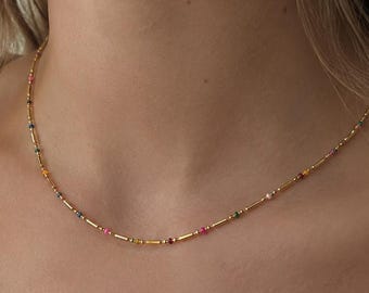 Delicate stainless steel necklace with colorful beads, waterproof, rustproof, colorful summer women's necklace, gift for her