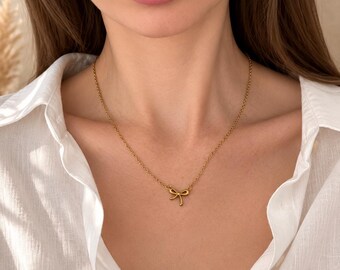 Bow Necklace Gold Stainless Steel Waterproof Hypoallergenic Bow Necklace Stainless Steel Waterproof Dainty Gold Necklace Women's Necklace