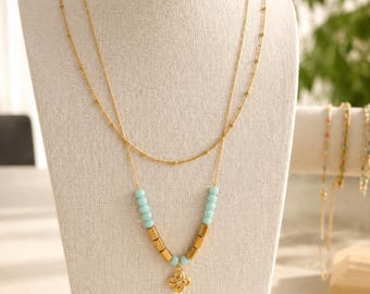 Stainless steel flower necklace in gold, turquoise pearl necklace, waterproof necklace, skin-friendly jewelry, gift for women