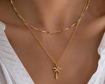 Colorful Layered Necklace for Women, Stainless Steel and Gold | Waterproof | Multi-Strand Necklace with Palm Tree Pendant | Boho Jewelry | Summer Gift
