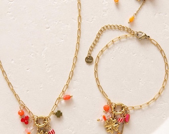 Stainless steel jewelry set, gold-plated, waterproof, necklace, bracelet, earrings, colorful pendants, clover jewelry, gift for women, charm necklace