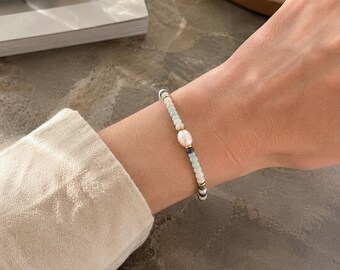 Amazonite bracelet, freshwater pearl, pearl bracelet for women, gold-plated stainless steel, boho jewelry, waterproof summer bracelet, gift for her