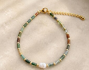 Green agate bracelet with freshwater pearl, adjustable stainless steel bracelet, minimalist arm jewelry, gemstone bracelet, mix & match