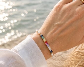 Chakra Bracelet for Women, Rainbow Freshwater Pearls, 18K Gold Plated, Colorful Beaded Bracelet, Waterproof, Gift, Summer Jewelry, Gift for Her