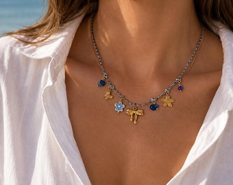 Boho Charm Necklace with Bow & Flowers – Blue-Gold Layered Necklace, Waterproof Stainless Steel, 18K Gold Plated, Summer Jewelry, Gift for Her