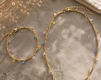 Gold Necklace Women's Bracelet Set Stainless Steel Waterproof Colorful Crystals Jewelry Set Gift for Women Birthday Summer Jewelry