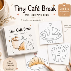 Tiny Café Coloring Book | Printable Mini 3x3 Sticky Note Size Pages (Digital Download)