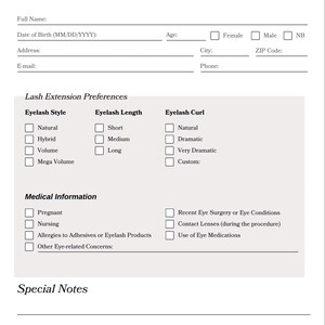 Lash Client Record Form & Consent Form | Eyelash Extension Intake Form | Aftercare Instructions | Editable Beauty Salon PDF