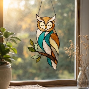 May include: A stained glass suncatcher shaped like an owl perched on a branch. The owl features a geometric pattern with segments of amber, teal, white, and brown glass. The piece is suspended by a thin black chain against a window pane.