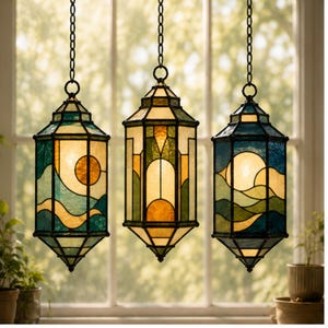 Op de afbeelding: Drie zeshoekige hanglampen van glas-in-lood die aan metalen kettingen hangen. Elke lamp heeft een geometrisch ontwerp met panelen van blauw, groen en amberkleurig glas. De lampen zijn van binnenuit verlicht en verspreiden een warme gloed.