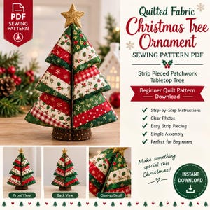 May include: A digital PDF sewing pattern for a quilted fabric Christmas tree ornament. The design features a strip-pieced patchwork tabletop tree with red, green, and white holiday patterns, topped with a gold star and a brown base.