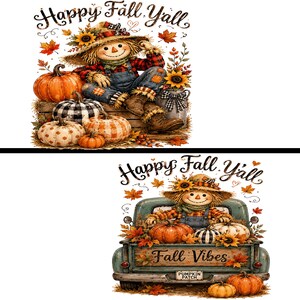 Puede incluir: Dos ilustraciones con un espantapájaros con sombrero de paja y camisa a cuadros. La parte superior muestra un espantapájaros sobre una caja de madera con calabazas y el texto Happy Fall Y'all. La parte inferior muestra un espantapájaros en un camión verde azulado con calabazas y el texto Happy Fall Y'all y Fall Vibes.