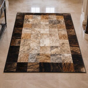 Handmade Brindle Cowhide Patchwork Rug, Genuine Leather Area Carpet