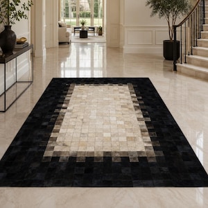 Handmade Patchwork Cowhide Rug, Black Border Geometric Leather Carpet