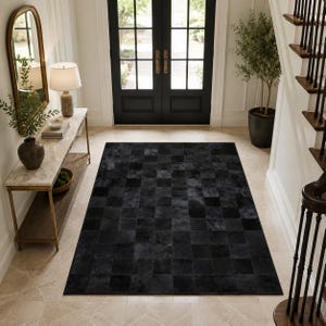 Alfombra de piel de vaca con retazos negros, alfombra de cuero genuino, decoración moderna de lujo para el hogar.