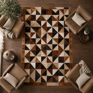 Geometric Cowhide Patchwork Rug, Brown Black Ivory Leather Area Carpet