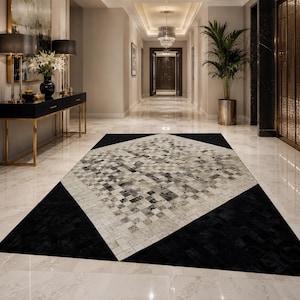 Genuine Cowhide Patchwork Rug, Black White Gray Geometric Leather Area Carpet