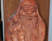 Carved Bamboo Root Chinese Wise Man Fuk Lak Sau Holding Child Carved Burled Root