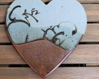 Hand Painted Heart Trivet: Asian Pottery Art, Signed Stoneware