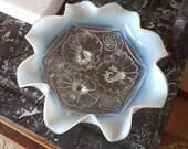 Ruffles Rings 9 quot White Opalescent Ruffled Footed Bowl Centerpiece Candy Dish Rose Bowl by Jefferson Glass Company c. 1905 EAPG Collectible