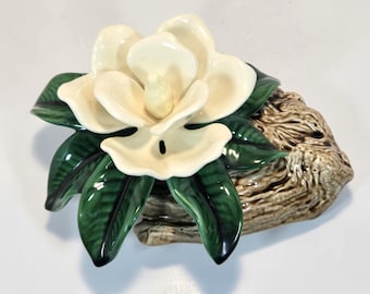 1970s Ceramic Full Bloom Magnolia Flower With Log Base Rare 2 Piece Set Jamar Mallory Mold for Hobbyist
