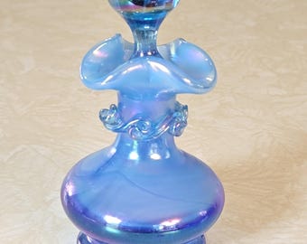 Rare Signed Gibson 1991 Blue Hand Blown Art Glass Perfume Bottle Applied Rigaree Wave Collar & Ruffled Rim with Original Ball Stopper