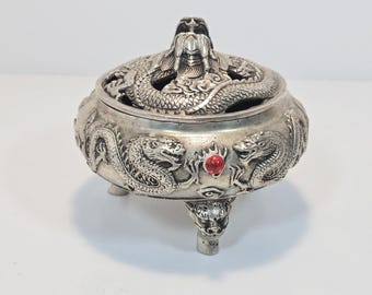 Chinese White Copper Dragon Incense Burner Censer Embossed Dragon Statue Red Gems Commemorative Qianlong Mark