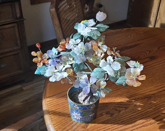 Flawless 12" Chinese Gemstone Bonsai Tree in Cloisonne Pot Hand Carved Carnelian Agate Aventurine Rose Quartz Amethyst Mid Century Export