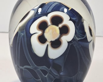 Vintage 1979 John Byron Signed Art Glass Paperweight Iridescent Blue Pulled Feather Floral Collectible
