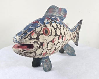Vintage Folk Art Wooden Fish Sculpture 14" Large Hand Carved Distressed Decoy Style Centerpiece Rustic Lodge Cabin Decor Metal Fins