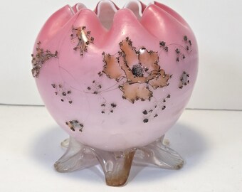 Antique Mount Washington Pink Peachblow Satin Glass Footed Rose Bowl Jeweled Enamel Beads Hand Painted Floral Accents