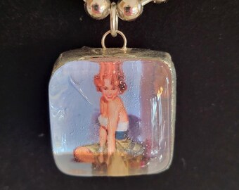 Pin Up Girl Art Glass Pendant Necklace: Redhead Goddess, Chunky Chain