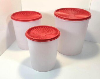Tupperware Servalier Nesting Canister Set of 3 Frosted Sheer w Red One-Touch Sunburst Lids Models 805, 807, 809 Retro 1970s Kitchen Storage