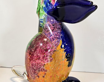 Vintage 1985 Signed Loris Marangon Murano Art Glass Puffin Figurine Hand Blown Italian Sommerso Glass Bird Sculpture