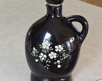 1960s Mohawk Pottery Jug R-4 Hand Painted Floral Tole Painting Black Stoneware Rare Peasant Art Motif
