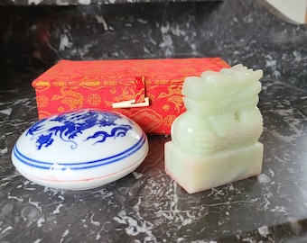 Jadeite Dragon Stamp Seal: Chinese Imperial Design in Brocade Box