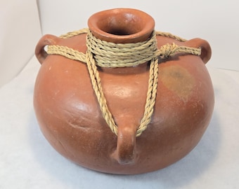 Mexican Red Clay Water Jug Jute Rope Wrap Hand Thrown 3 Handle Cántaro