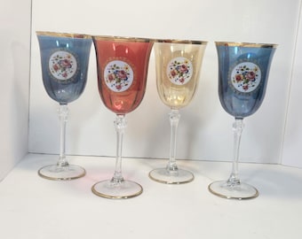 La Reine Italy Iridescent Crystal Wine Goblets Set of 4 Harlequin Colors Blue Red Marigold MCM Vertical Optic Glass Gold Trimmed