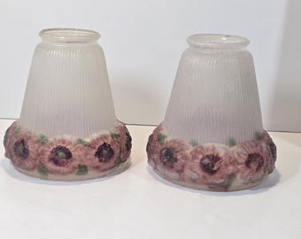 1920s Reverse Painted Glass Lamp Shades Pair Art Nouveau Puffy Floral Frosted Bell Light Covers 2 1/4 Inch Fitter Pink Purple Poppies