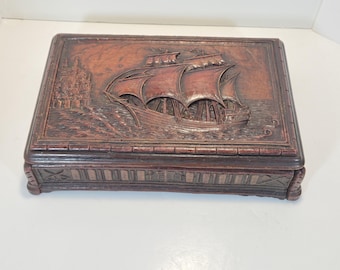 Vintage Syroco Wood Clipper Ship Trinket Box Mid-Century Faux Wood Nautical Jewelry Treasure Chest